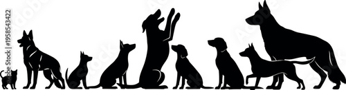Black Silhouette Vector Set of Various Dog Breeds and Small Cat, Including German Shepherd, Puppy Sitting, Playing, and Standing Poses