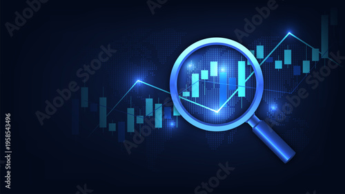 Magnifying glass over digital data graph and charts. Business analytics graph stock candle investment growth up.  Financial concept. Vector illustration in futuristic light blue style.