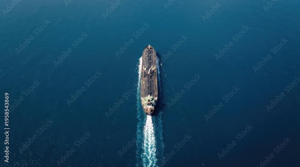 Naklejka premium Massive oil tanker sailing across a calm deep blue ocean A long foamy white wake trails behind the vessel