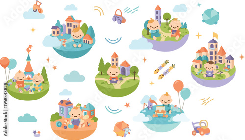 Cute kids city and village life vector illustration set with children playing in town scenes, houses, parks, and outdoor activities in colorful landscapes.