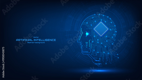 Futuristic cyborg head with circuit board pattern and neon lights a blue background. Symbolizing artificial intelligence and machine learning concepts.  Modern tech elements. Vector illustration.