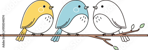A charming illustration featuring three cute colorful birds, yellow, blue, and pink, sitting peacefully on a tree branch.