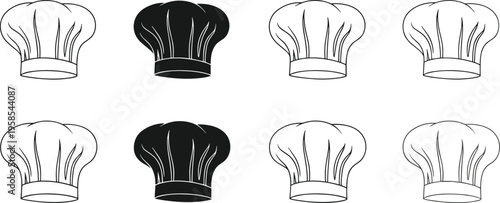Chef hat icons set with toque blanche and baker caps for restaurant kitchen uniform branding cad drawing flat vector illustration isolated silhouette