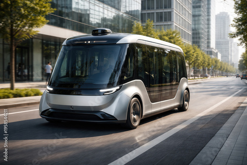 Autonomous Electric Shuttle Bus Driving In Modern City