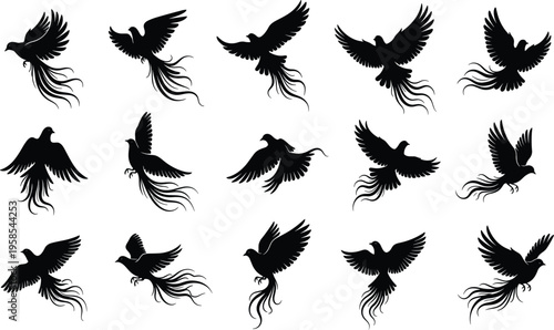 Elegant black phoenix bird silhouettes collection featuring various flying poses with long decorative tail feathers cad drawing flat vector illustration for adobe stock