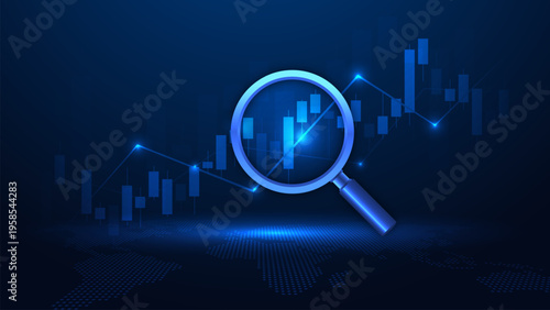 Magnifying glass over digital data graph and charts. Business analytics graph stock candle investment growth up.  Financial concept. Vector illustration in futuristic light blue style.