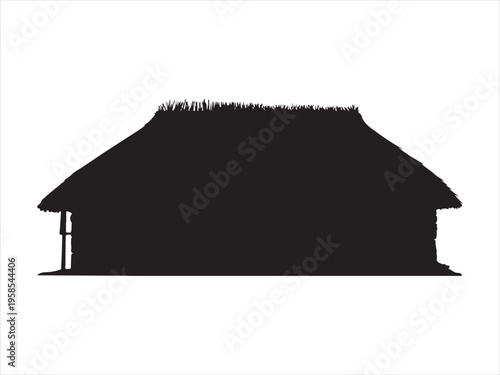 Silhouette of a traditional hut with a thatched roof, Traditional Thatched Hut Silhouette Rural House Vector Illustration