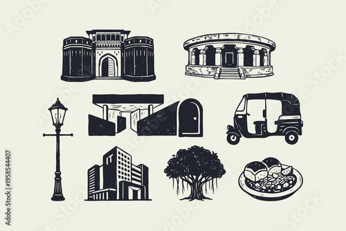 Hand Drawn Pune City Landmark and Cultural Icon Set