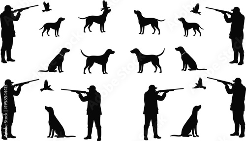 Silhouette hunters with dogs and birds in various poses on white background hunting