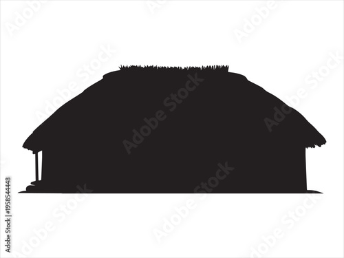 Silhouette of a traditional hut with a thatched roof, Traditional Thatched Hut Silhouette Rural House Vector Illustration