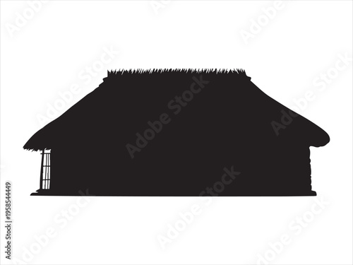 Silhouette of a traditional hut with a thatched roof, Traditional Thatched Hut Silhouette Rural House Vector Illustration