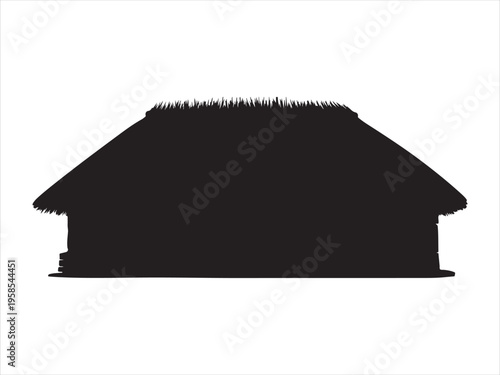 Silhouette of a traditional hut with a thatched roof, Traditional Thatched Hut Silhouette Rural House Vector Illustration