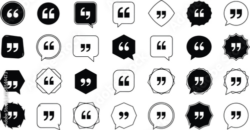 Large set of vector quote marks and speech bubble icons in various geometric shapes for testimonials, citations, and social media text