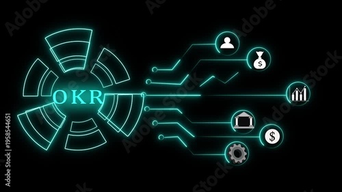 OKR Concept with Icons for Finance and People on Neon Circuit animated Background abstract