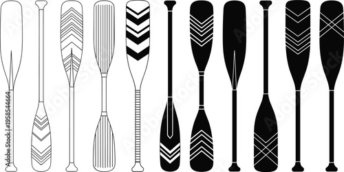 Set of boat wooden oar and canoe paddles icons in flat black and white vector silhouette style for water sports