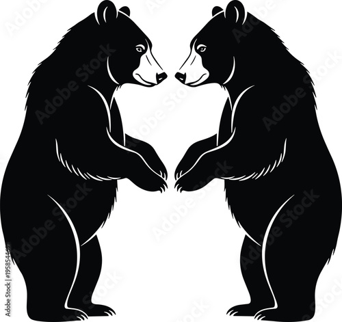Standing bear vector silhouettes, mirrored pair of grizzly or black bears