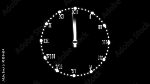 Glowing animated White Roman Numeral Clock Face with Hands on Black Background time roman numerals