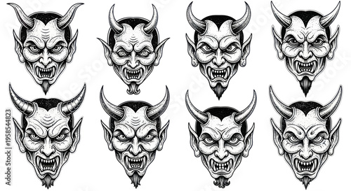 Scary Devil Faces Collection: Horned Demons with Fangs and Fierce Expressions