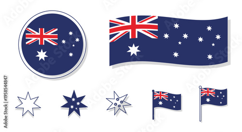 Australian Flag Elements Collection: Round Emblem, Waving Flag, Stars, and Poles