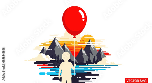 Child holding red balloon, facing scenic mountain landscape at sunset