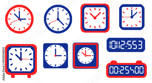 Collection of various clocks showing time, digital and analog