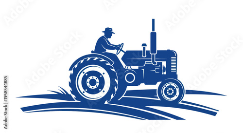 Farmer driving vintage tractor through field, agricultural work, blue silhouette