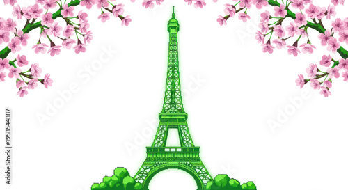 Eiffel Tower in Green with Cherry Blossoms, Paris Landmark, Spring Season