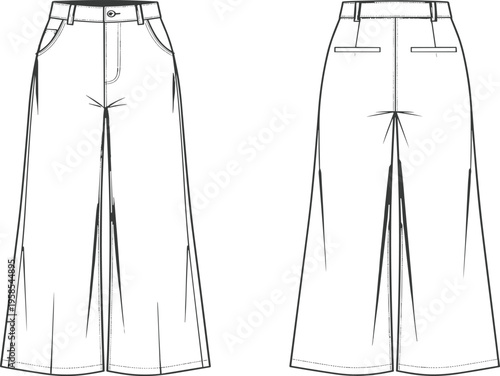 Technical fashion illustration of a women's wide leg trousers featuring a high waistline, front pockets, back welt pockets, and flared silhouette