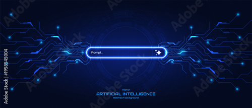 Symbolizing artificial intelligence technology concepts. Glowing generative bar with icon on futuristic background. Input prompt as commands for search and generate by AI. Vector illustration.
