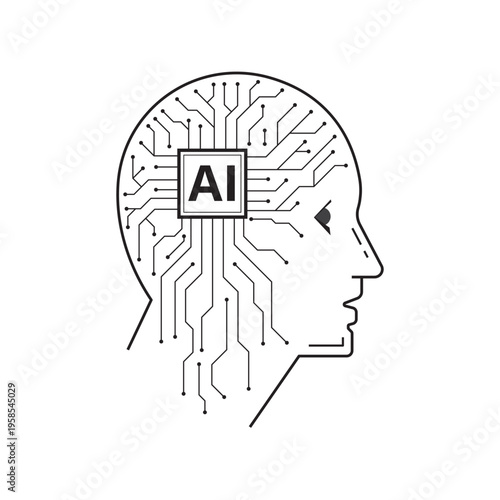 Cyborg head with an  AI chip and futuristic circuit on a white background. Symbolizing artificial intelligence and machine learning concepts.  Modern tech elements. Vector illustration.