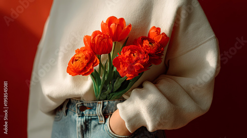 Woman holding vibrant orange flowers against red background expressing femininity and self care