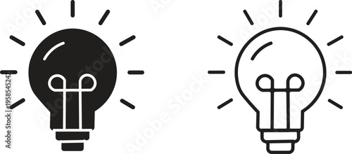 Two contrasting lightbulb icons, one solid black and one outline, both emitting rays of light, symbolizing ideas, innovation, and brightness.
