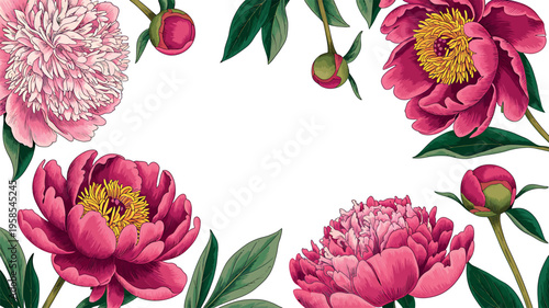 Картината върху платно Peony flower frame with lush pink blossoms and green leaves in classic botanical engraving art style