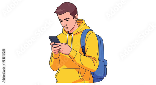 A young man with a yellow hoodie intently looks at his smartphone while walking a modern silhouette high quality professional detailed