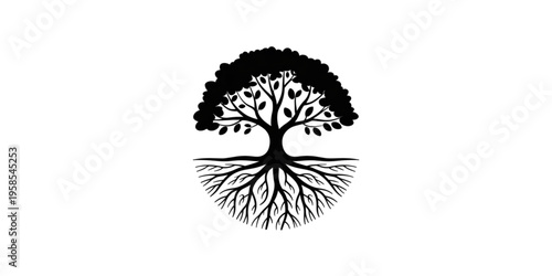 A minimalist black tree silhouette with roots on transparent background