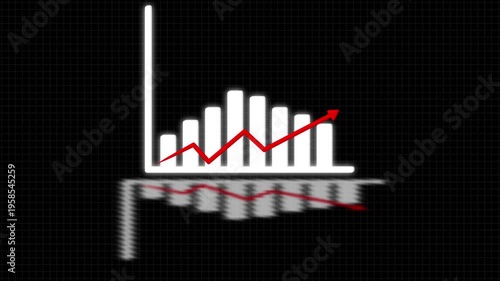 Animated White Bar Graph with Red Downward Arrow and Reflection on Black Grid chart bar chart