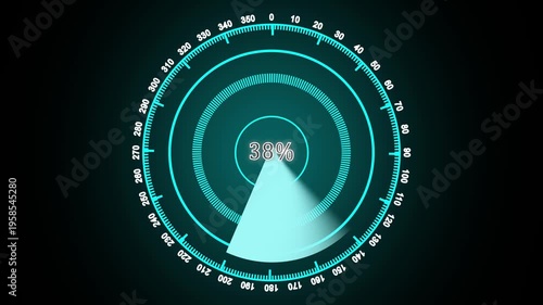 Futuristic Radar Screen Displaying 23 Percent Progress with Circular Grids and Degree Markings animated