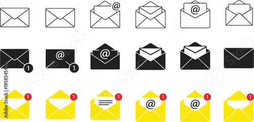 Vector email icon set including open envelopes, unread message notifications, mail symbols, and at sign icons for digital communication interface