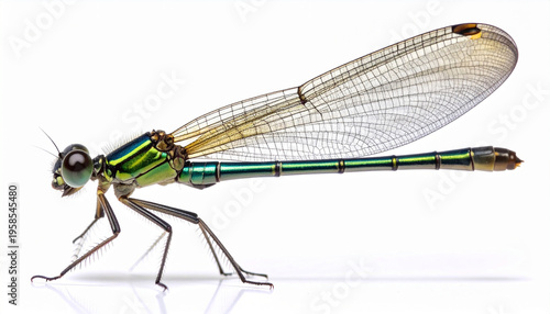 A side-view photograph of a vibrant green damselfly with transparent wings against a white background.
