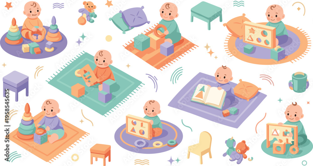 Obraz premium Cute baby learning and play activities vector illustration set with infants stacking blocks, reading books, and engaging in educational nursery scenes.