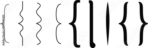 Vector set of curly brackets and calligraphic braces with various line weights and decorative swirls for typography and graphic design