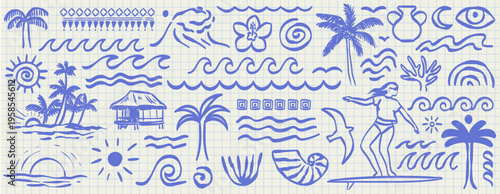 Hand drawn doodle beach surf design elements. Tropical naive coastal vector illustrations. Palm tree, wave, seashell, woman surfer and sun summer ornament. T-shirt, poster or placard design prints.