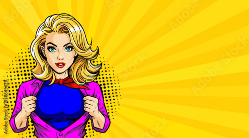 Pop Art Blonde Woman in Superhero Pose Opening Shirt - Retro Comic Book Style Illustration on Yellow Sunburst Background