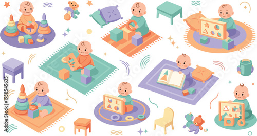 Cute baby learning and play activities vector illustration set with infants stacking blocks, reading books, and engaging in educational nursery scenes.