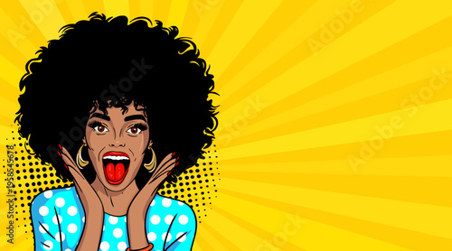 Pop Art African American Woman with Afro Hair Hands on Face Excited - Retro Comic Book Style Illustration on Yellow Sunburst Background