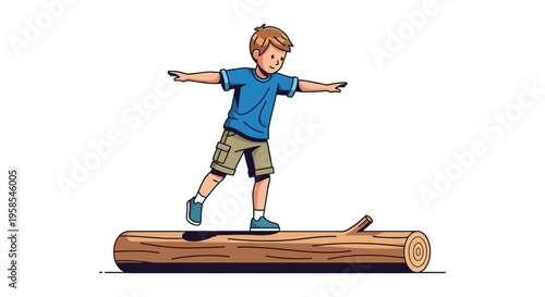 A young boy balances playfully on a large wooden log arms outstretched depicting childhood joy a silhouette high quality professional