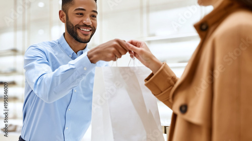 African american shop assistant handing a shopping bag to a woman in a boutique store. Retail checkout service and customer experience. Professional sales and fashion industry concept.