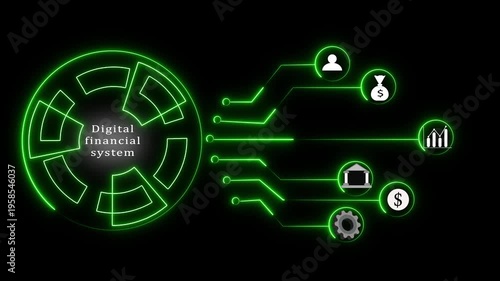 Green Neon Digital Financial System with Icons for Banking and Data finance technology animated