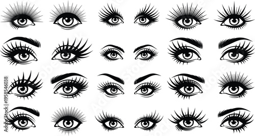 Woman eye lashes and eyebrows icons set for beauty salon lash extension makeup and cosmetics cad drawing flat vector illustration isolated silhouette