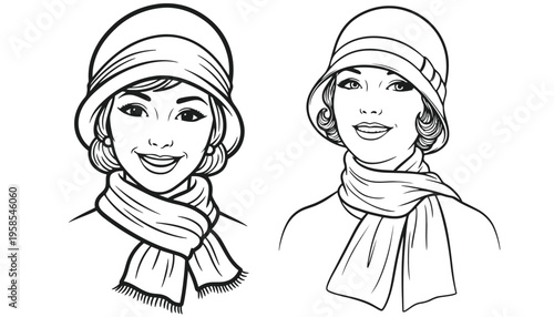 Woman wearing a hat and scarf illustration in black and white